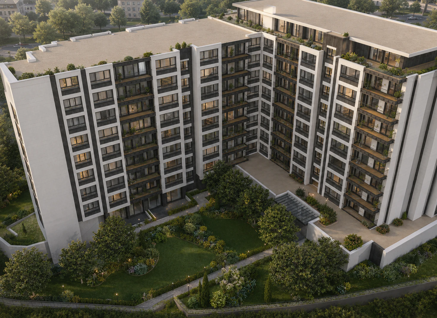 Дневен изглед от високо към озеленения вътрешен двор на LG Comfort Residence