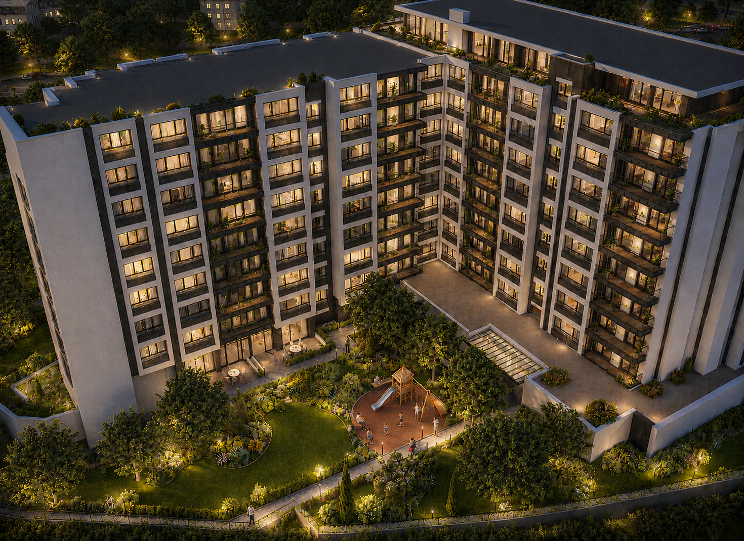 Нощен изглед от високо към вътрешния двор и детската площадка на LG Comfort Residence
