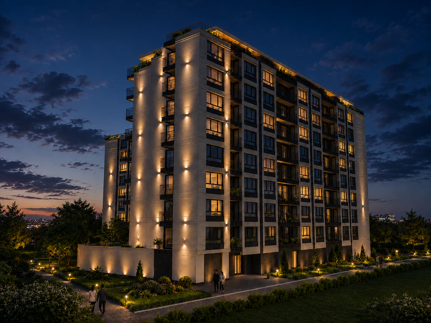 Нощен ъглов изглед към фасадата на LG Comfort Residence с топло осветление