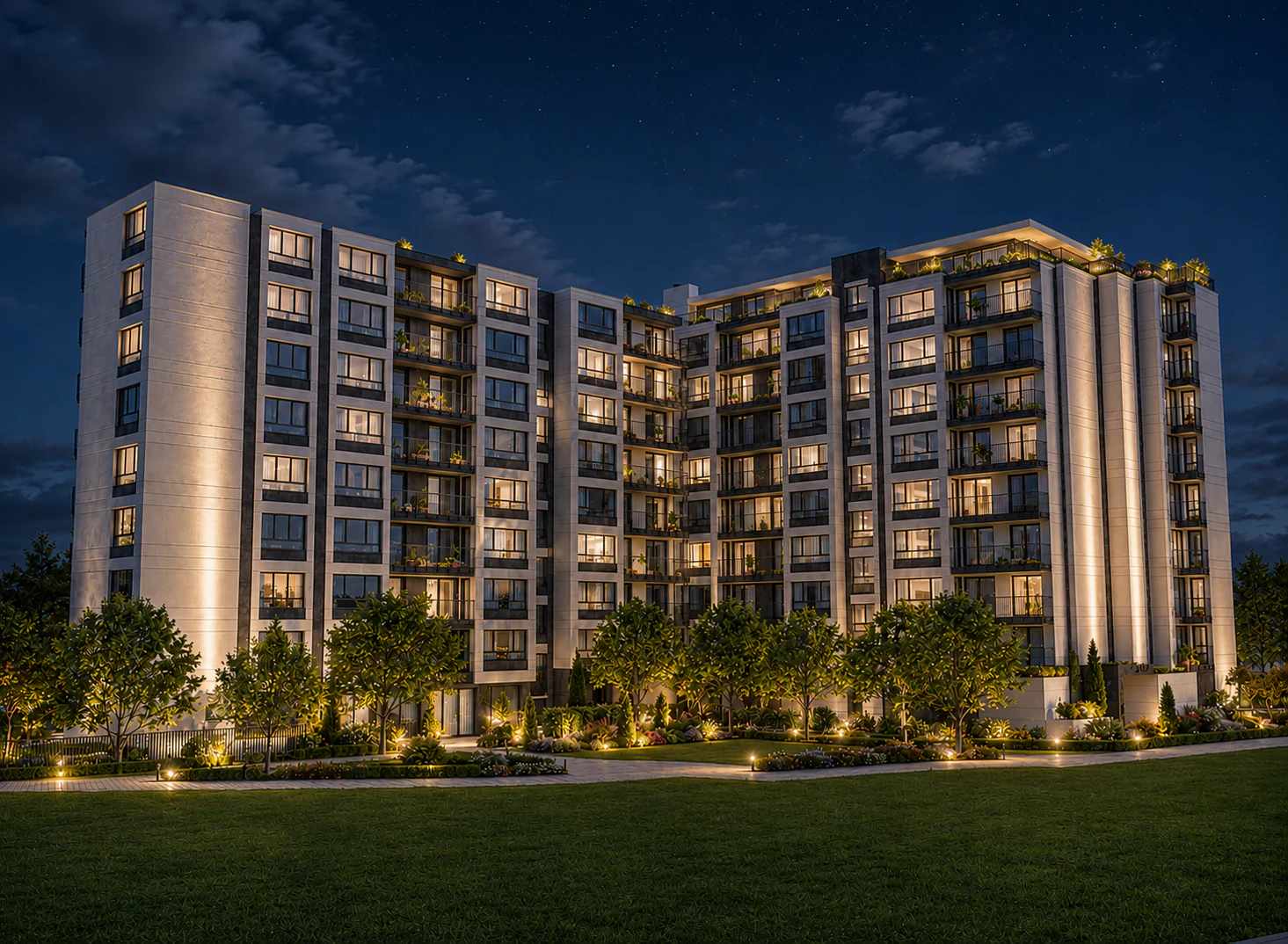 Нощен изглед към LG Comfort Residence от градината с архитектурно осветление