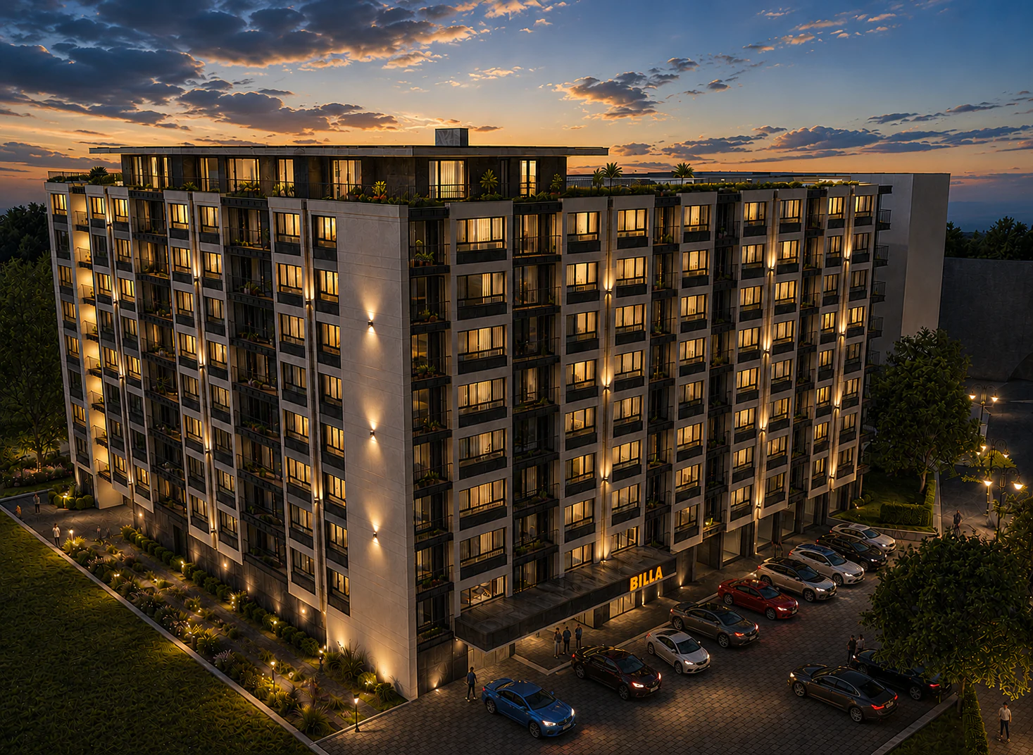 Нощен изглед към LG Comfort Residence откъм търговския партер
